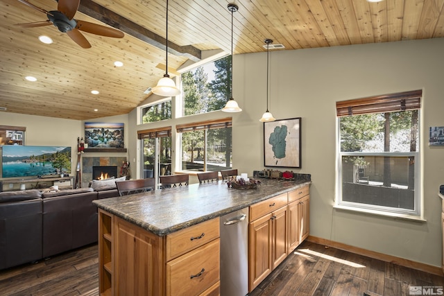 877 Northwood Blvd Unit 2, Incline Village, NV 89451 - kitchen with recessed lighting, dark wood finished floors, healthy amount of natural light, a ceiling fan, and a fireplace