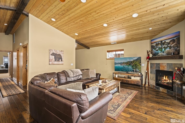 877 Northwood Blvd Unit 2, Incline Village, NV 89451 - living room with wooden ceiling, recessed lighting, vaulted ceiling, wood-type flooring, and a fireplace