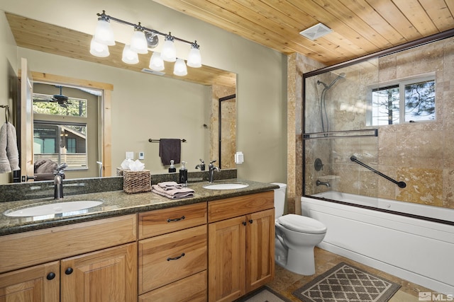 877 Northwood Blvd Unit 2, Incline Village, NV 89451 - bathroom featuring enclosed tub / shower combo, toilet, wooden ceiling, and double vanity