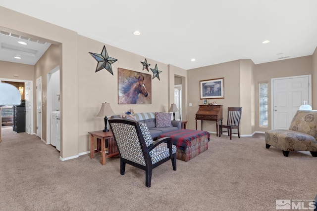 5310 Village Meadows Dr, Sparks, NV 89436 - living room featuring light colored carpet, baseboards, washer / clothes dryer, recessed lighting, and healthy amount of natural light