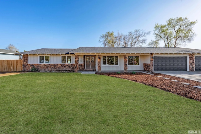 1309 Raeline Ln, Minden, NV 89423 - single story home featuring stone siding, a garage, concrete driveway, and a shingled roof