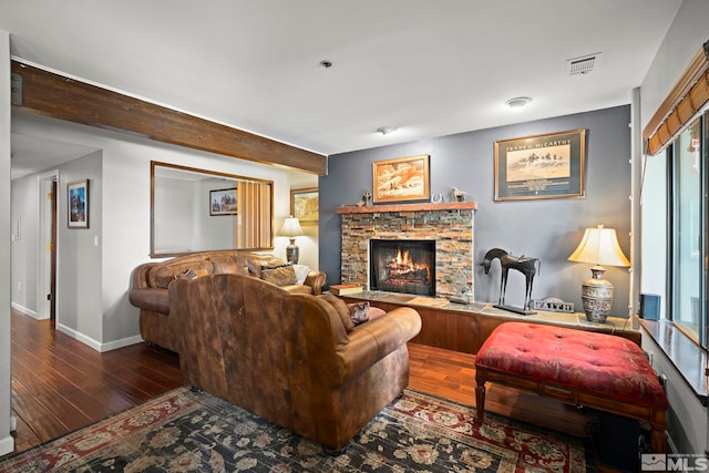 759 Boulder Ct Unit M, Stateline, NV 89449 - living area featuring wood finished floors, a stone fireplace, baseboards, and plenty of natural light