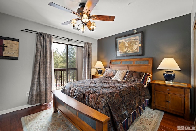 759 Boulder Ct Unit M, Stateline, NV 89449 - bedroom with access to outside, dark wood finished floors, baseboards, and a ceiling fan
