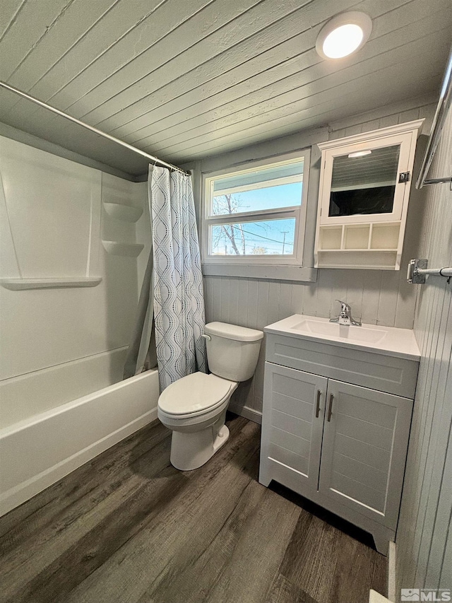 295 Apache St, Imlay, NV 89418 - bathroom featuring wood finished floors, vanity, toilet, shower / tub combo, and wooden ceiling