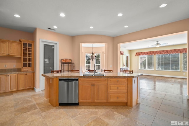 15355 Redmond Loop, Reno, NV 89511 - kitchen featuring stainless steel dishwasher, a sink, recessed lighting, an island with sink, and a ceiling fan