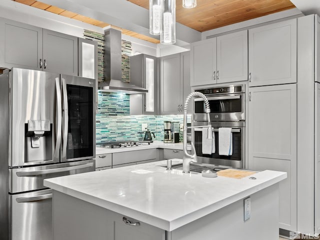 989 Tahoe Blvd Unit 91, Incline Village, NV 89451 - kitchen with stainless steel appliances, wooden ceiling, wall chimney exhaust hood, light countertops, and backsplash