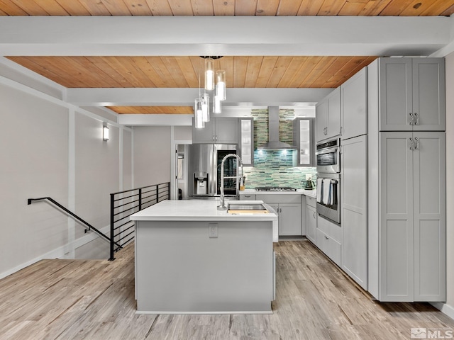 989 Tahoe Blvd Unit 91, Incline Village, NV 89451 - kitchen with stainless steel fridge with ice dispenser, wall chimney range hood, a sink, decorative backsplash, and light countertops