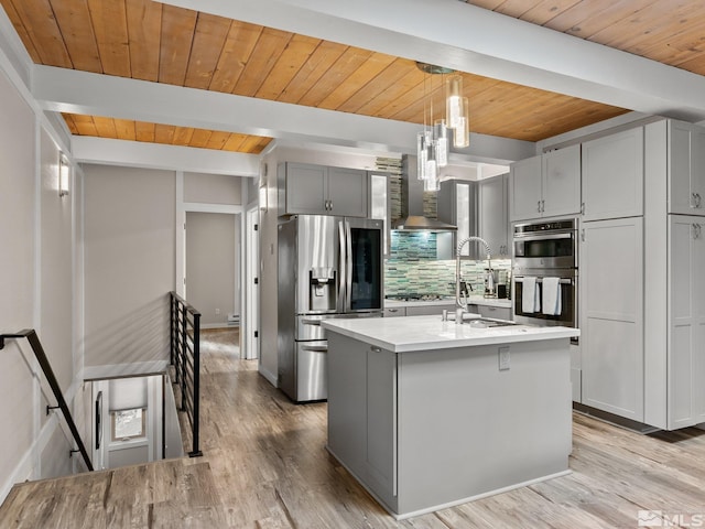 989 Tahoe Blvd Unit 91, Incline Village, NV 89451 - kitchen featuring stainless steel appliances, beam ceiling, a sink, wood ceiling, and wall chimney range hood