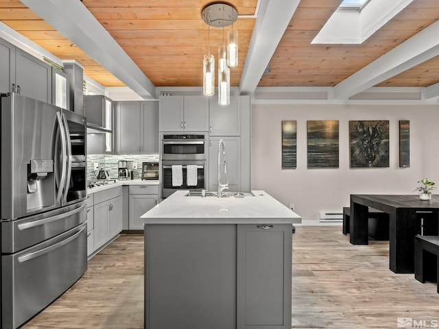 989 Tahoe Blvd Unit 91, Incline Village, NV 89451 - kitchen featuring appliances with stainless steel finishes, gray cabinets, beamed ceiling, wooden ceiling, and a sink