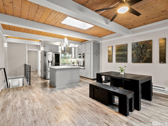 989 Tahoe Blvd Unit 91, Incline Village, NV 89451 - kitchen featuring stainless steel appliances, wooden ceiling, beam ceiling, gray cabinets, and a kitchen island with sink