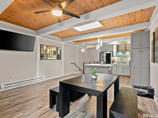 989 Tahoe Blvd Unit 91, Incline Village, NV 89451 - dining space with a baseboard heating unit, a skylight, wood ceiling, light wood-style flooring, and ceiling fan
