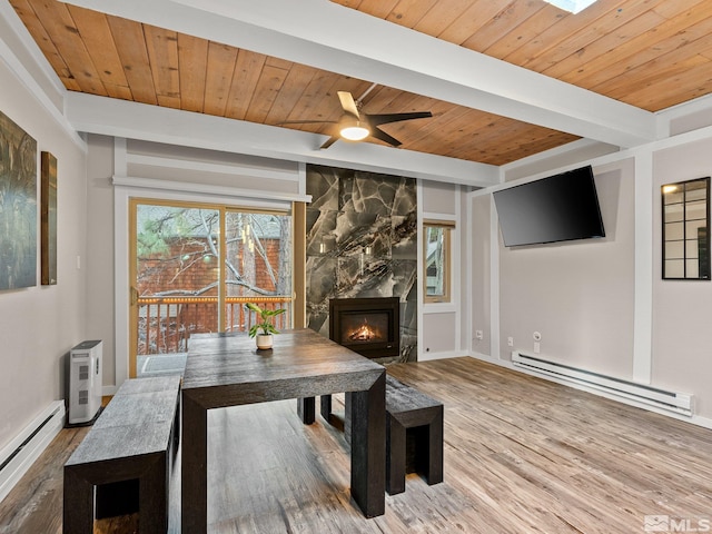 989 Tahoe Blvd Unit 91, Incline Village, NV 89451 - dining room with a baseboard heating unit, wood finished floors, beam ceiling, wooden ceiling, and a fireplace
