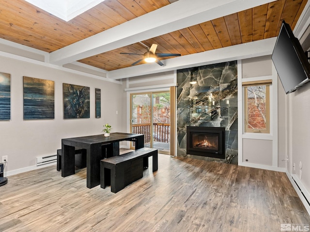989 Tahoe Blvd Unit 91, Incline Village, NV 89451 - dining room featuring baseboard heating, wood finished floors, wooden ceiling, baseboards, and beamed ceiling