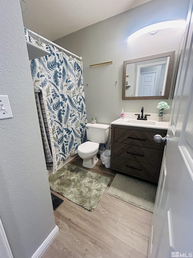 1808 Rock Ct, Carson City, NV 89701 - bathroom featuring wood finished floors, a textured wall, toilet, vanity, and a shower with curtain