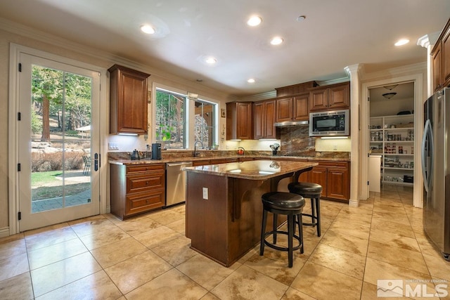 2143 The Back Rd, Glenbrook, NV 89413 - kitchen with stainless steel appliances, ornamental molding, plenty of natural light, a breakfast bar, and decorative backsplash
