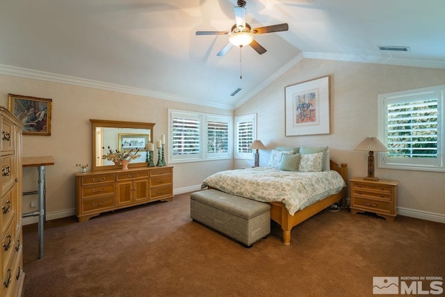 2143 The Back Rd, Glenbrook, NV 89413 - carpeted bedroom featuring vaulted ceiling, baseboards, a ceiling fan, and ornamental molding