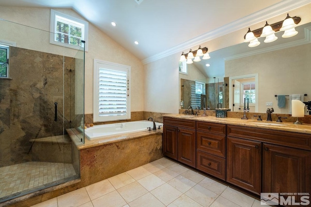 2143 The Back Rd, Glenbrook, NV 89413 - full bath with vaulted ceiling, a stall shower, a garden tub, double vanity, and ornamental molding