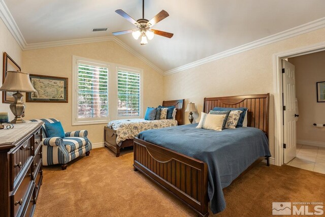 2143 The Back Rd, Glenbrook, NV 89413 - bedroom featuring light colored carpet, baseboards, vaulted ceiling, a ceiling fan, and ornamental molding