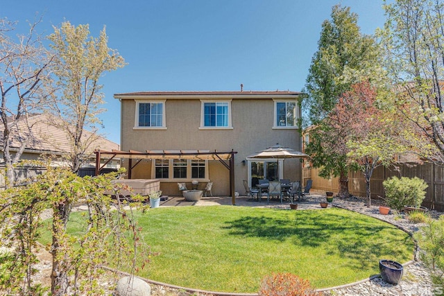 450 Ruffian Ct, Reno, NV 89521 - back of property with a pergola, stucco siding, a patio area, and a hot tub