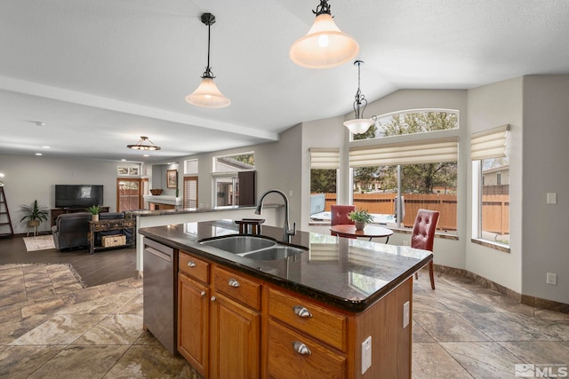 2116 Frisco Way, Sparks, NV 89434 - kitchen with a sink, open floor plan, stainless steel dishwasher, a kitchen island with sink, and lofted ceiling