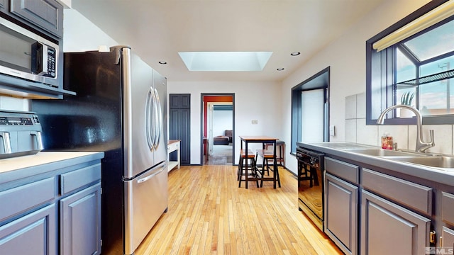 kitchen with appliances with stainless steel finishes, a skylight, light wood finished floors, a sink, and recessed lighting