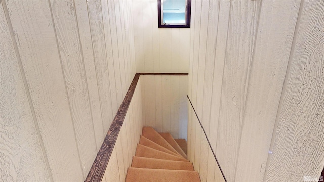 stairs featuring wooden walls