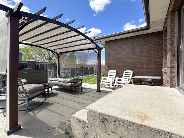 view of patio with a fenced backyard, an outdoor living space, a pergola, and a hot tub
