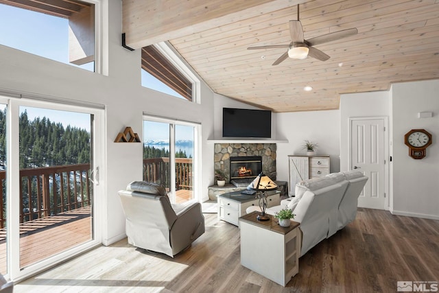 400 Fairview Blvd Unit 86, Incline Village, NV 89451 - living area with a ceiling fan, wood ceiling, a stone fireplace, high vaulted ceiling, and wood finished floors