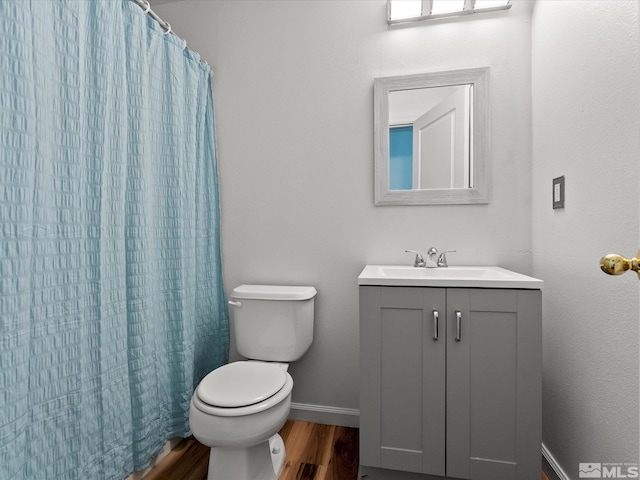 1564 Reese River Rd, Fernley, NV 89408 - full bathroom featuring wood finished floors, toilet, vanity, baseboards, and curtained shower
