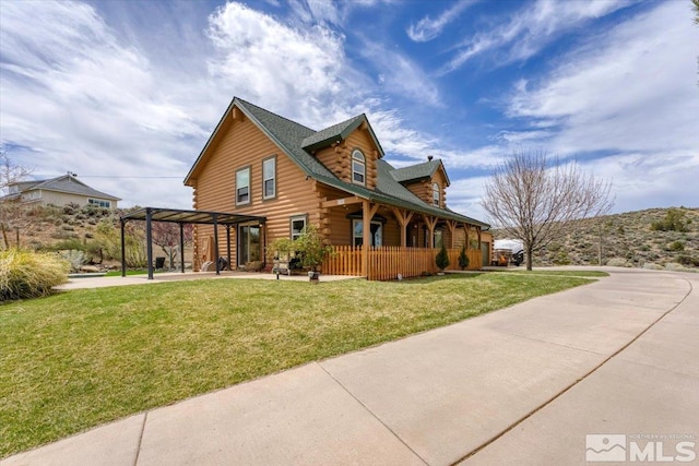 8705 Spearhead Way, Reno, NV 89506 - view of front of house with log exterior, a pergola, a carport, a front lawn, and covered porch