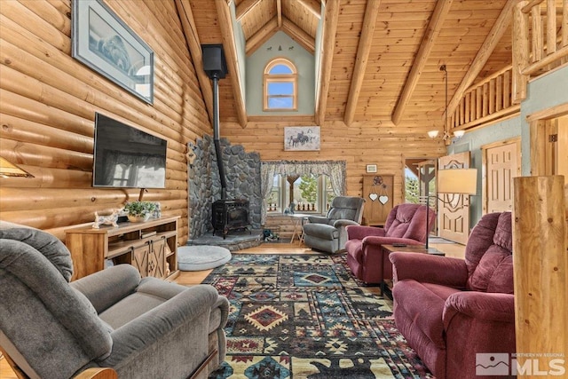 8705 Spearhead Way, Reno, NV 89506 - living area featuring high vaulted ceiling, wood ceiling, a wood stove, log walls, and beam ceiling