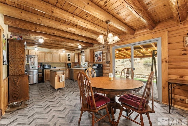 8705 Spearhead Way, Reno, NV 89506 - dining space with wood ceiling, a chandelier, beam ceiling, and rustic walls