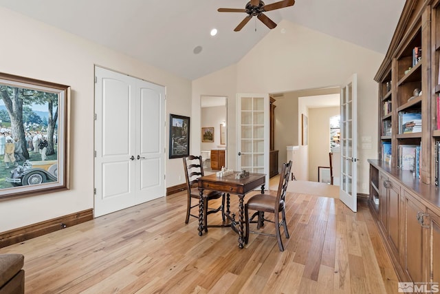 6554 Champetre, Reno, NV 89511 - dining room with french doors, light wood-style floors, ceiling fan, high vaulted ceiling, and baseboards