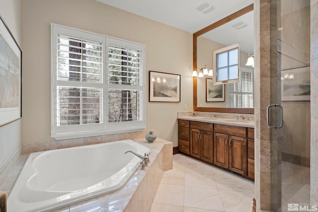 6554 Champetre, Reno, NV 89511 - full bathroom with a bath, double vanity, and a shower stall