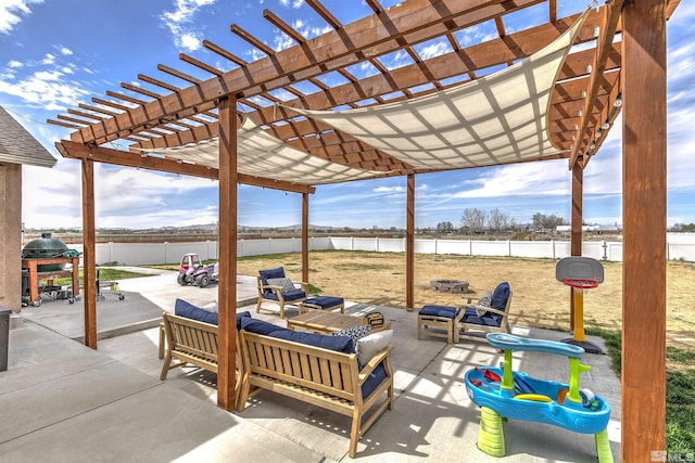 1675 Skyridge Dr, Fallon, NV 89406 - view of patio featuring outdoor lounge area, a fenced backyard, a water view, and a pergola