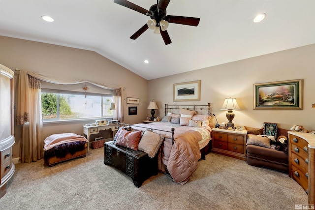 1367 Porter Dr, Minden, NV 89423 - carpeted bedroom featuring lofted ceiling, recessed lighting, and a ceiling fan