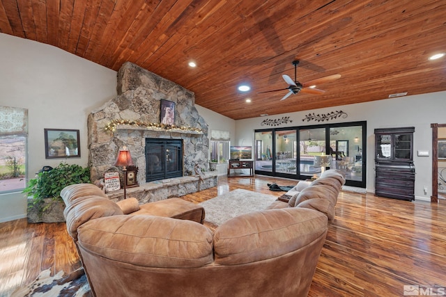 951 Riverview Dr, Gardnerville, NV 89460 - living room with vaulted ceiling, wooden ceiling, wood-type flooring, baseboards, and a ceiling fan