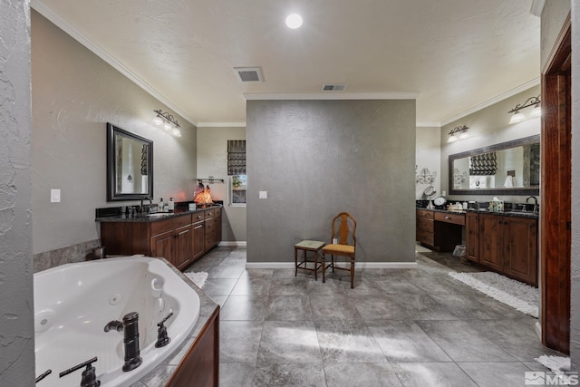 951 Riverview Dr, Gardnerville, NV 89460 - bathroom featuring crown molding, two vanities, a jetted tub, and baseboards