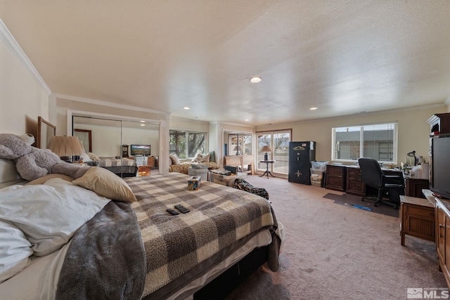 951 Riverview Dr, Gardnerville, NV 89460 - bedroom with an office area, light colored carpet, multiple windows, crown molding, and recessed lighting