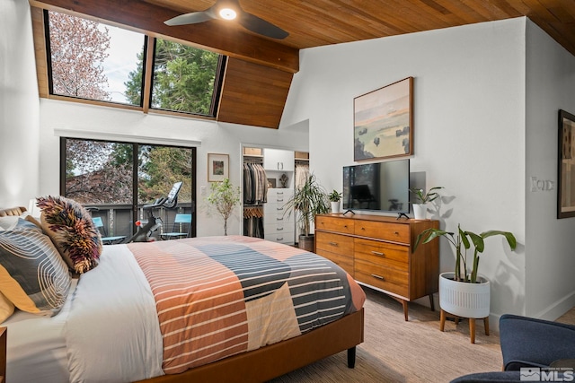 bedroom with high vaulted ceiling, wood ceiling, baseboards, and ceiling fan