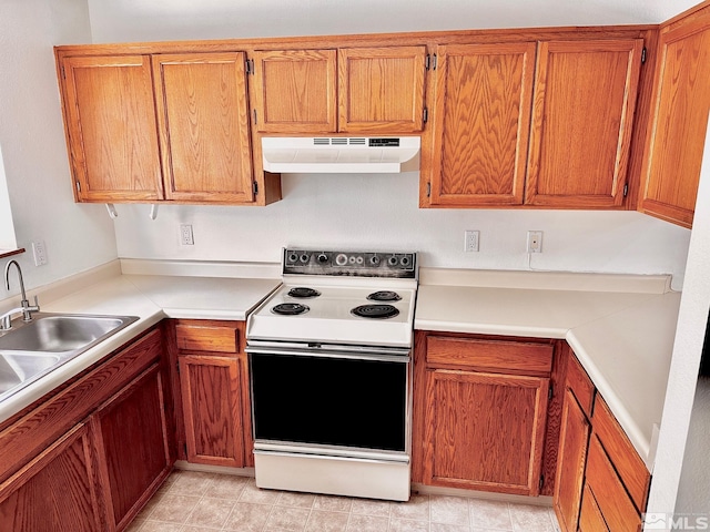 4985 W 7th St Unit 11, Reno, NV 89503 - kitchen featuring white electric stove, under cabinet range hood, a sink, light countertops, and brown cabinetry