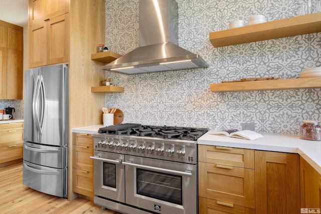 2531 Edgerock Rd, Reno, NV 89519 - kitchen with open shelves, appliances with stainless steel finishes, and wall chimney exhaust hood