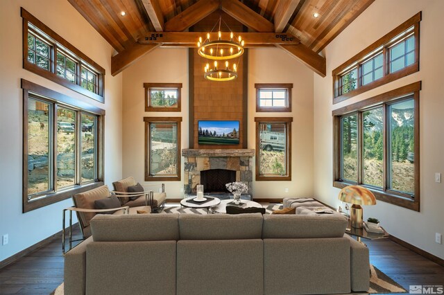 534 Headwaters Way, Carson City, NV 89705 - living area with wooden ceiling, high vaulted ceiling, a stone fireplace, a chandelier, and dark wood-type flooring