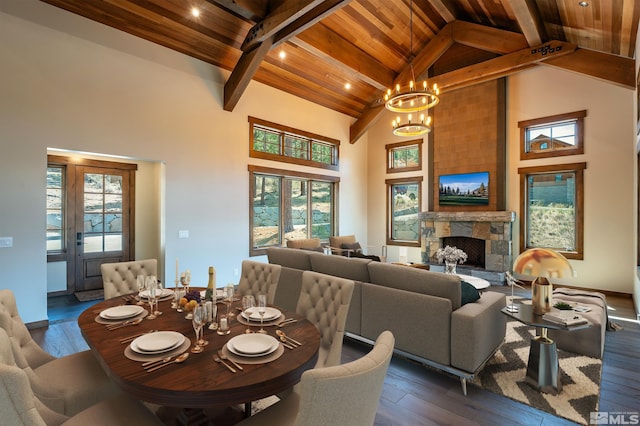 534 Headwaters Way, Carson City, NV 89705 - dining room with wood ceiling, high vaulted ceiling, beamed ceiling, dark wood-type flooring, and a chandelier