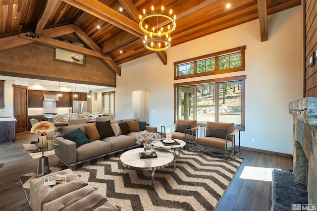 534 Headwaters Way, Carson City, NV 89705 - living area featuring high vaulted ceiling, beamed ceiling, a chandelier, wooden ceiling, and dark wood finished floors