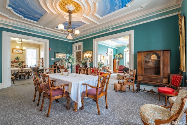 102 N Curry St, Carson City, NV 89703 - carpeted dining room featuring a chandelier, ornamental molding, and coffered ceiling