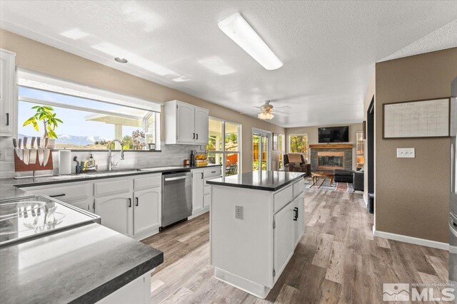 4776 Scenic Hill Cir, Reno, NV 89523 - kitchen featuring stainless steel dishwasher, a center island, a stone fireplace, white cabinetry, and decorative backsplash