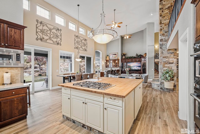 14245 Prairie Flower Ct, Reno, NV 89511 - kitchen with wooden counters, a high ceiling, appliances with stainless steel finishes, light wood-style floors, and a ceiling fan