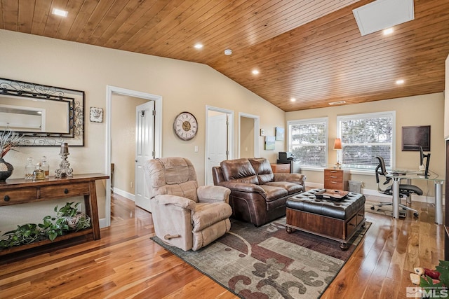 14245 Prairie Flower Ct, Reno, NV 89511 - living room featuring light wood-style flooring, lofted ceiling, wooden ceiling, recessed lighting, and a desk