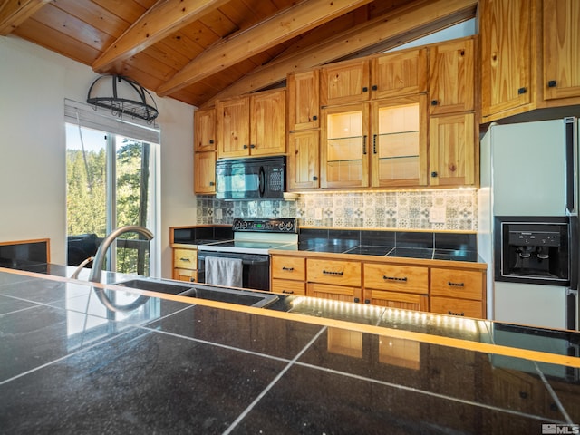 kitchen featuring black microwave, range with electric cooktop, white fridge with ice dispenser, wooden ceiling, and a sink